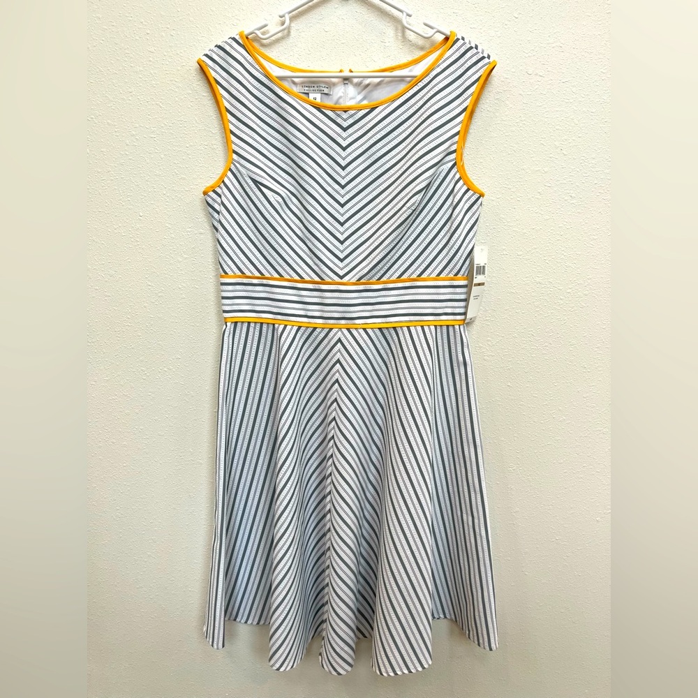 London Style Collection NWT White w/Gray & Yellow Sleeveless SunDress